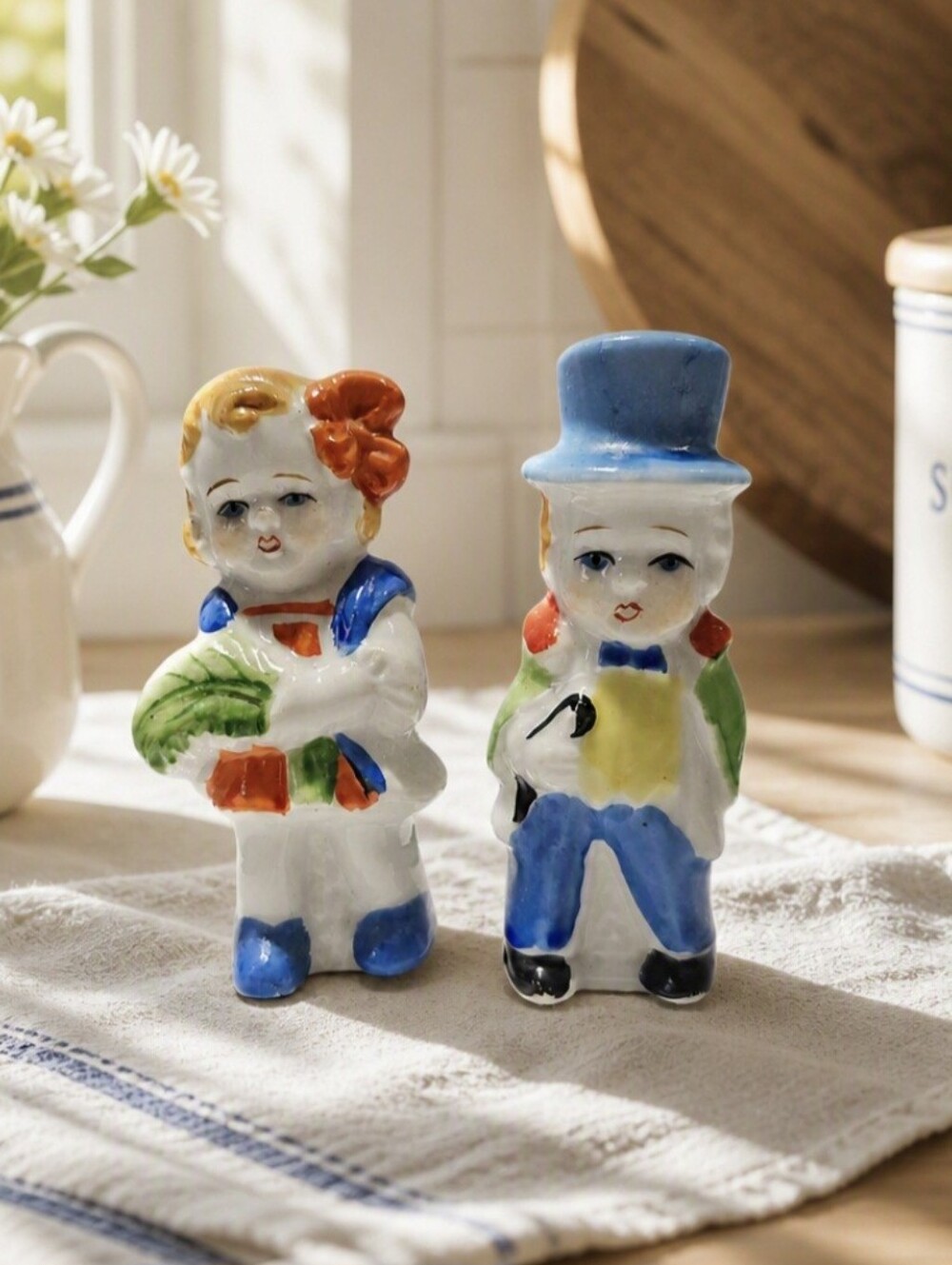 Vintage Japan Boy & Girl Salt & Pepper Shakers Ceramic Figural Set W/Corks 1950s